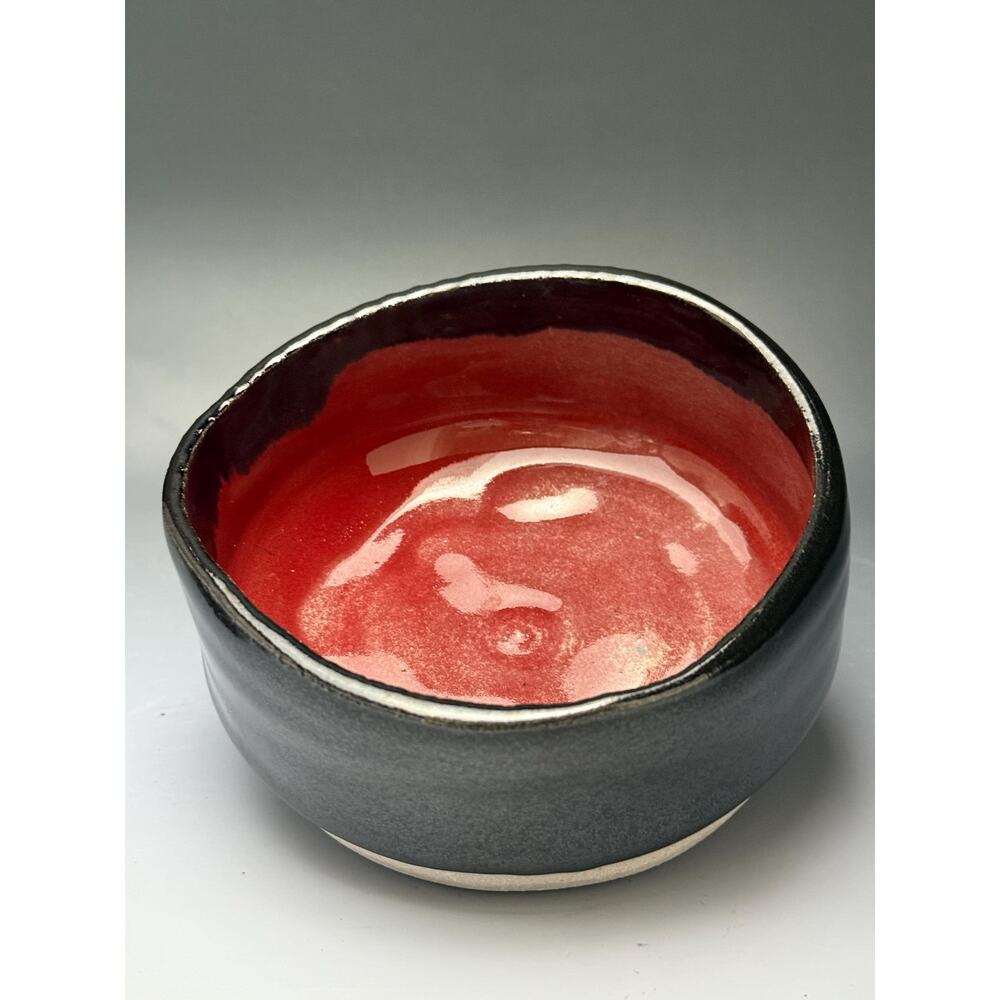 Handmade Wabi-Sabi Ceramic Bowl – Black and Neutral Exterior Glossy Red Interior